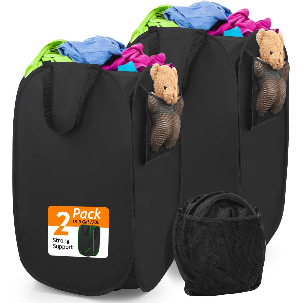 HOUSE AGAIN 2 Pack Strong Mesh Pop Up Laundry Hamper, 70L Collapsible Laundry Basket with Steel Frame, Double‑Stitched Handles & Side Pocket, Foldable Dirty Clothes Hamper for Dorm, Bedroom, Black