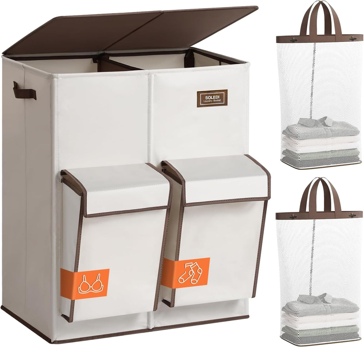 SOLEDI 180L Double Laundry Hamper with Lid and 2 Side Pockets, Dual Hamper