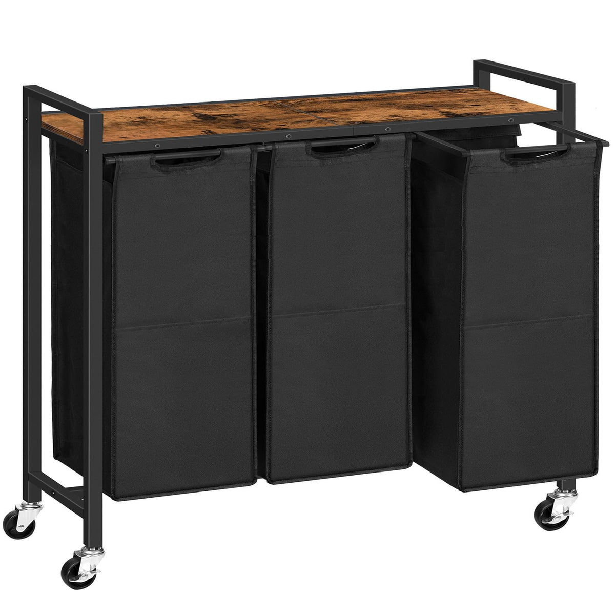 HOOBRO Laundry Sorter 3 Section, Laundry Hamper with Wheels, 3 × 11.5 Gal (43.5 L), Rolling Laundry Basket, Pull-Out and Removable Oxford Fabric Laundry Bags, Rustic Brown and Black BF76XY01