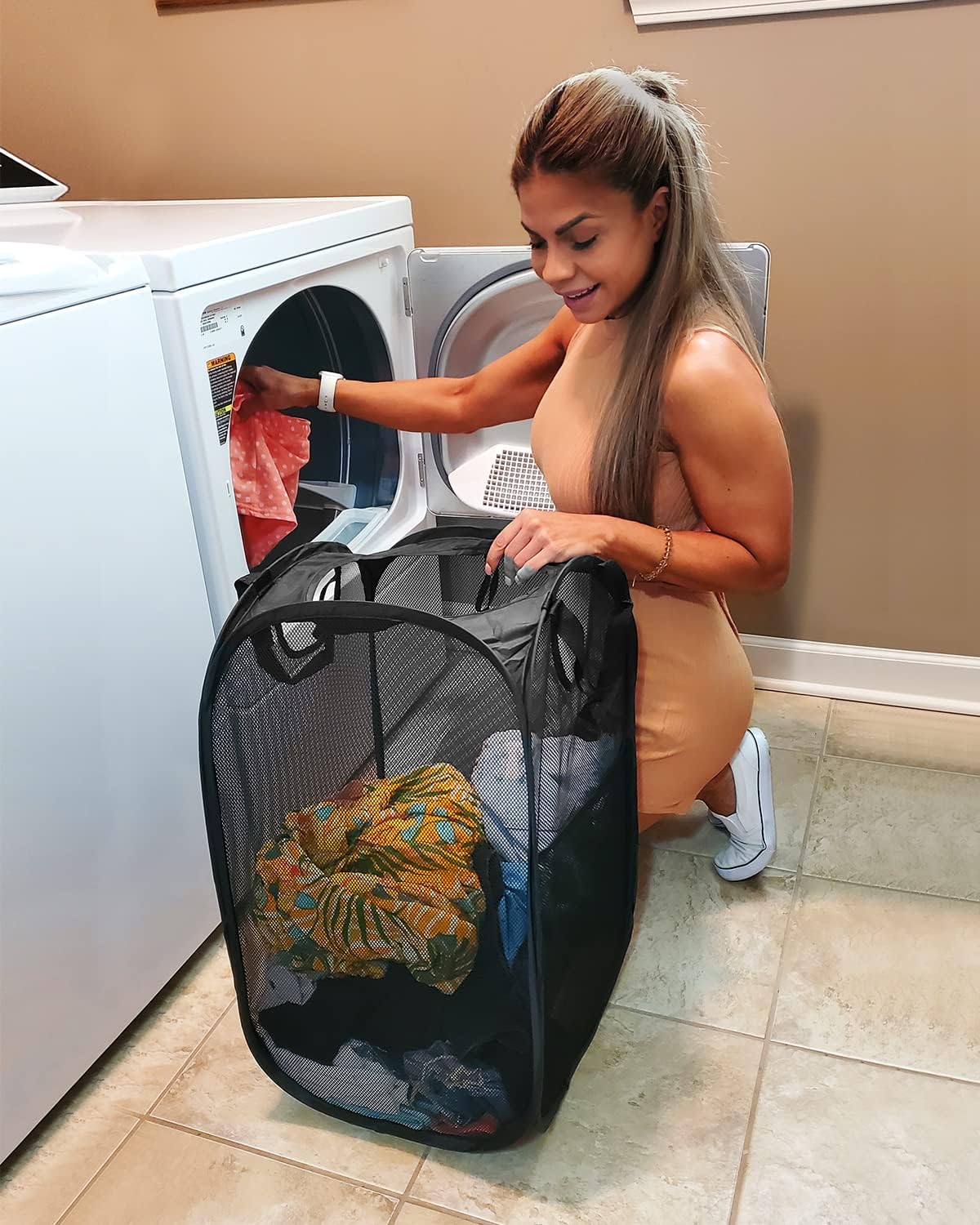 HOUSE AGAIN 2 Pack Strong Mesh Pop Up Laundry Hamper, 70L Collapsible Laundry Basket with Steel Frame, Double‑Stitched Handles & Side Pocket, Foldable Dirty Clothes Hamper for Dorm, Bedroom, Black