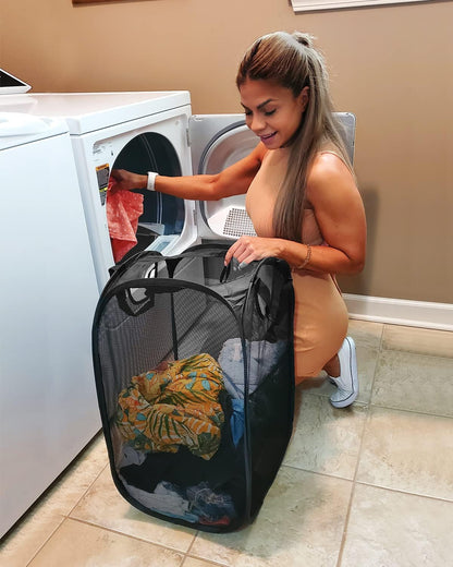 HOUSE AGAIN 2 Pack Strong Mesh Pop Up Laundry Hamper, 70L Collapsible Laundry Basket with Steel Frame, Double‑Stitched Handles & Side Pocket, Foldable Dirty Clothes Hamper for Dorm, Bedroom, Black