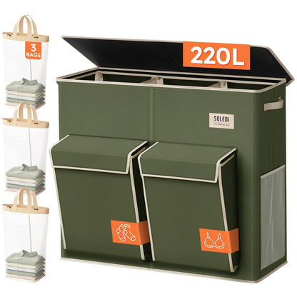 SOLEDI 220L Laundry Hamper 3 Section with Lid and 2 Side Pockets
