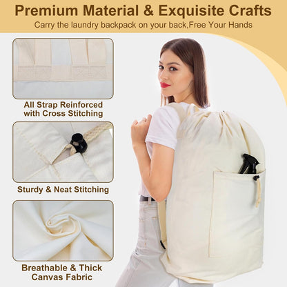 Laundry Bag Backpack, Canvas Laundry Bag with Straps & Drawstring, Beige XL