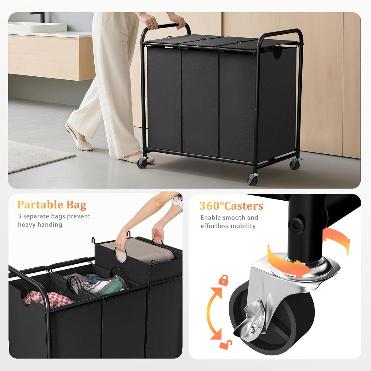 180L Laundry Sorter 3 Section, Rolling Laundry Basket with Wheels and Lid
