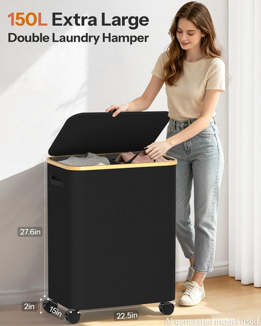 Double Laundry Basket with Wheels and Lid, 150L Clothes Hampers for Laundry