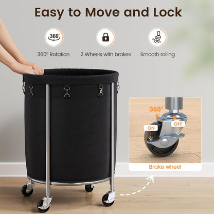 ELYKEN Laundry Basket with Wheels, Round Rolling Laundry Hamper, Black