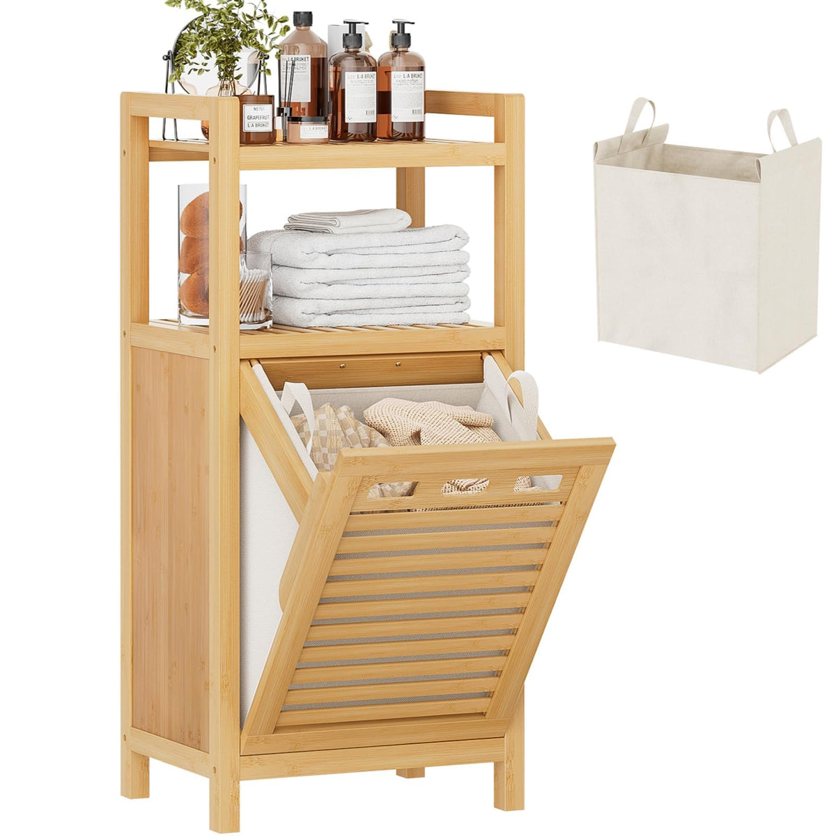 Homykic Bamboo Double Tilt Out Laundry Hamper Cabinet with 2 Bags, Black