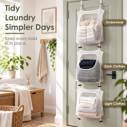 3Pcs Over the Door Hanging Laundry Hamper Mesh Bag 74.8 x 18.5in with Hooks
