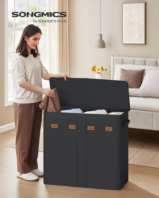 SONGMICS 210L Laundry Hamper, 4-Compartment Laundry Sorter with Lid