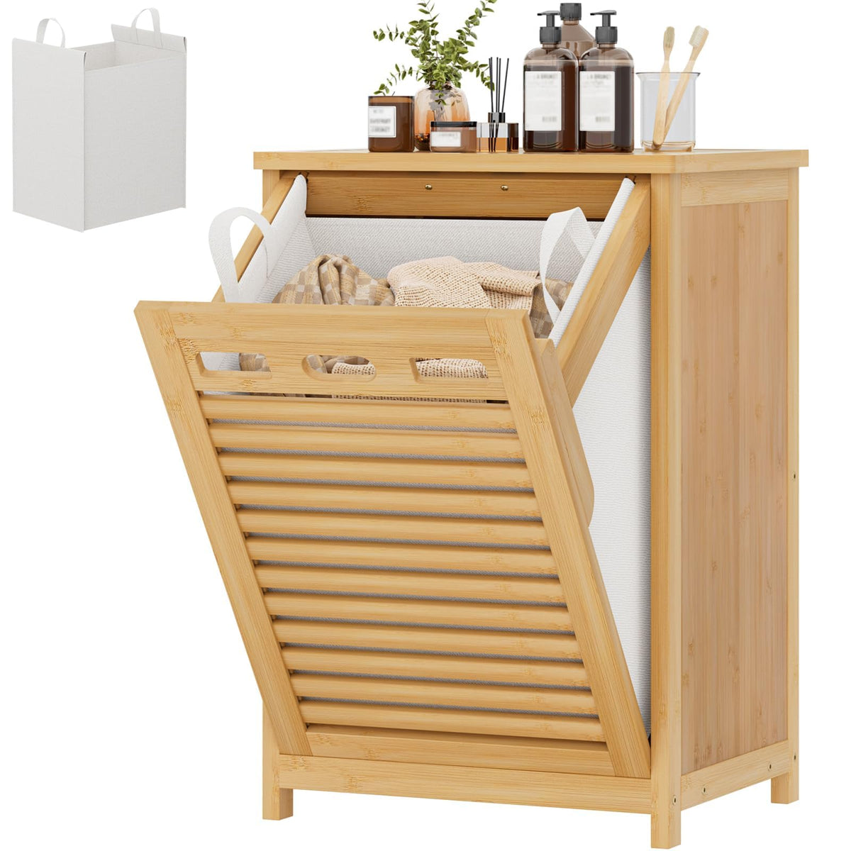 Bamboo Tilt Out Laundry Hamper Cabinet with 15.5 Gal Removable Bag, Black