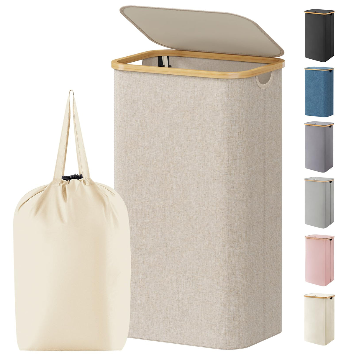 Lifewit 120L Large Laundry Basket with Lid, 2 Removable Bags, Beige