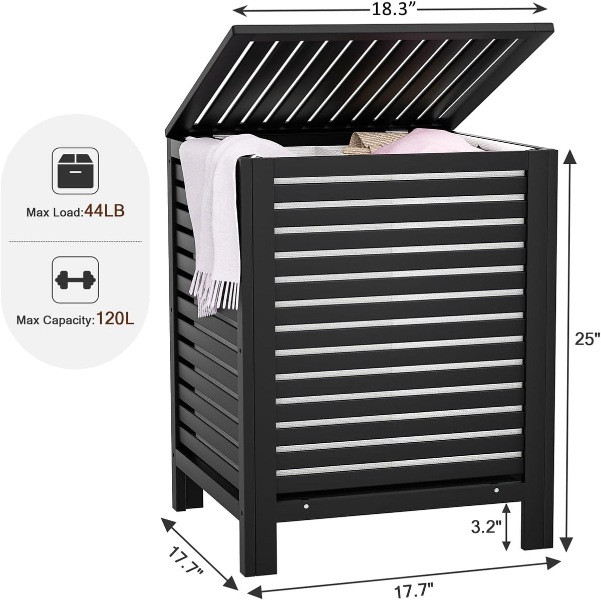 Homykic 120L Bamboo Laundry Hamper with Lid and Removable Liner Bag, Black