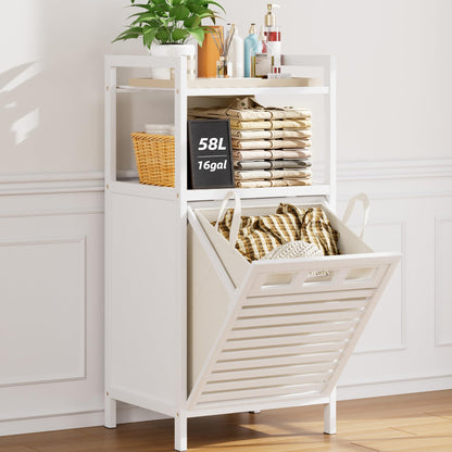 32 Gal Bamboo Tilt Out Laundry Hamper Cabinet with 2 Bag, Black
