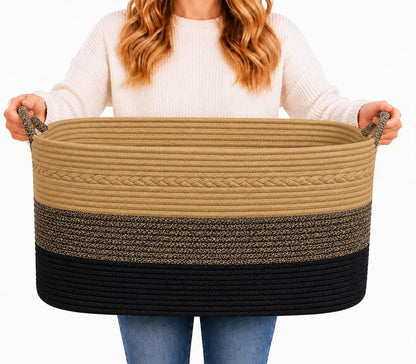 Large Laundry Hamper Basket, 85L Cotton Rope Woven Storage Bin for Blankets, Dirty Clothes Toys, Decorative Tall Basket with Leather Handles for Living Room, Bedroom, Bathroom, Nursery, Jute