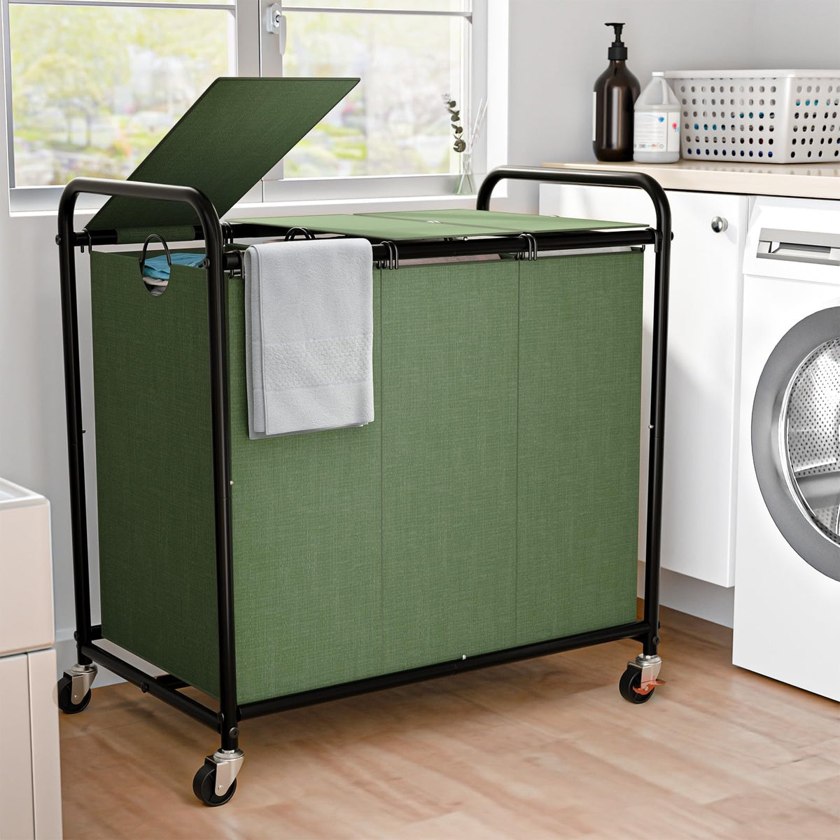 180L Laundry Sorter 3 Section, Rolling Laundry Basket with Wheels and Lid