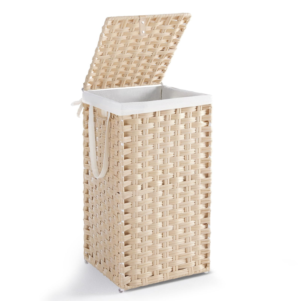 DUMOS Woven Laundry Basket with Lid, 90L Large Capacity Hamper, Removable & Machine-Washable Liner, Foldable Rattan Clothes Hamper, Sturdy Steel Frame, Odor Control, Dove Gray