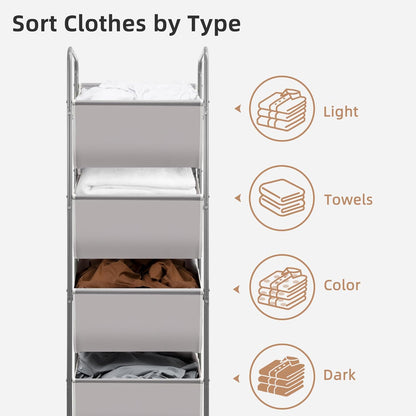 STORAGE MANIAC Vertical Rolling Laundry Hamper, 4 Section Laundry Sorter with Wheels and 2 Breaks, 4-tier Laundry Baskets for Small Space, Dorm, Laundry Room, Closet, Bathroom, Gray 4-tier