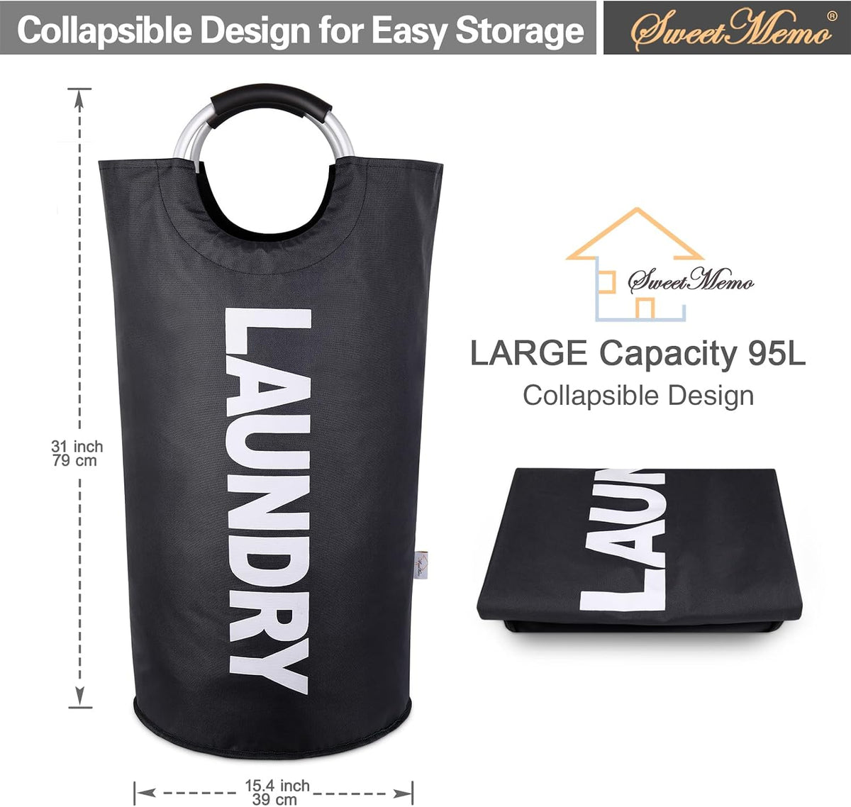Large Laundry Basket, Laundry Hamper Bag with Handles, 95L, Black