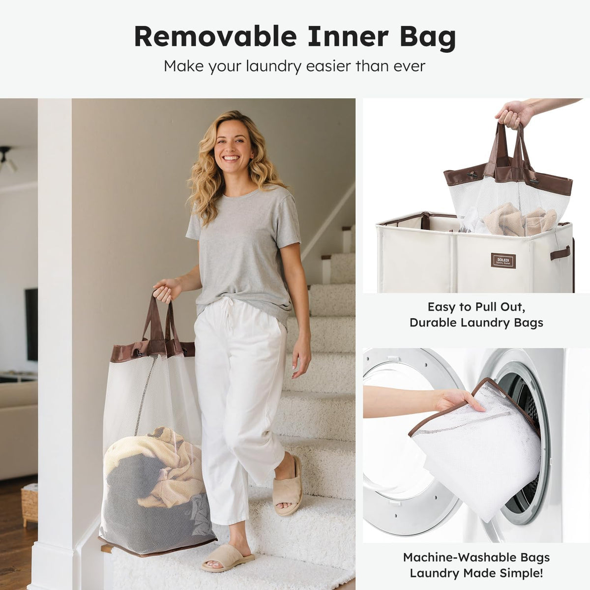 SOLEDI 180L Double Laundry Hamper with Lid and 2 Side Pockets, Dual Hamper