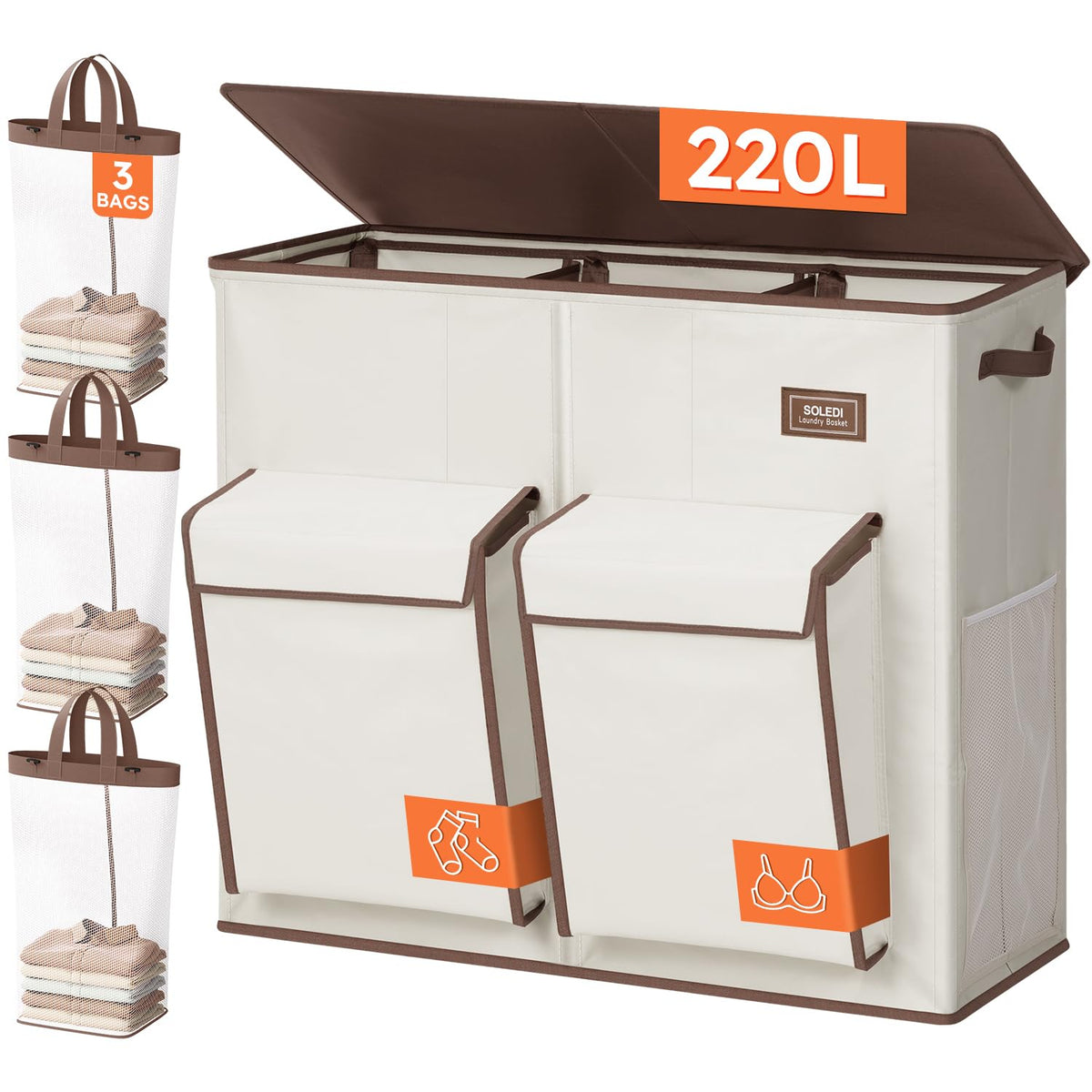 SOLEDI 220L Laundry Hamper 3 Section with Lid and 2 Side Pockets