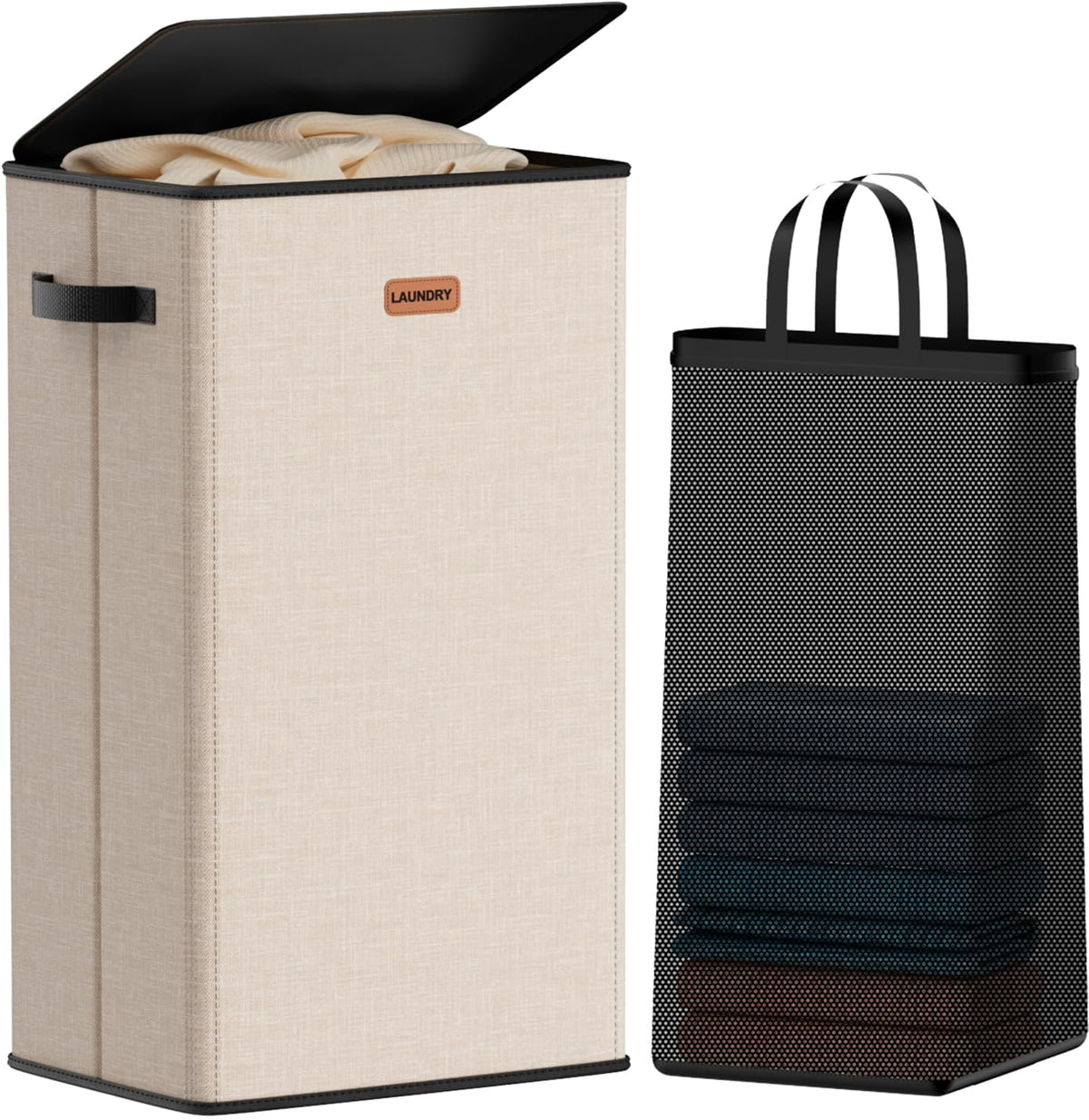 Laundry hamper 3 Section, XL Clothes Hamper with Lid & Inner Bag, Black