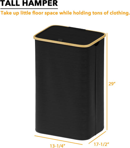 SpaceAid Laundry Hamper with Lid, 110L Large Tall Clothes Basket Bin with Bamboo Handles, Collapsible Laundry Hamper for Bedroom, Bathroom, Dorm, Laundry Room - Black