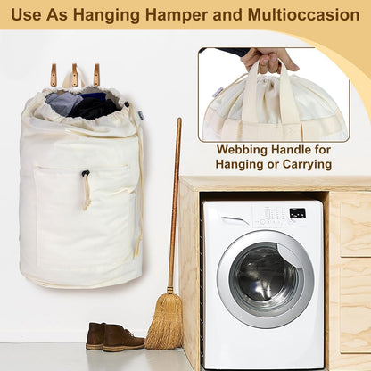 Laundry Bag Backpack, Canvas Laundry Bag with Straps & Drawstring, Beige XL