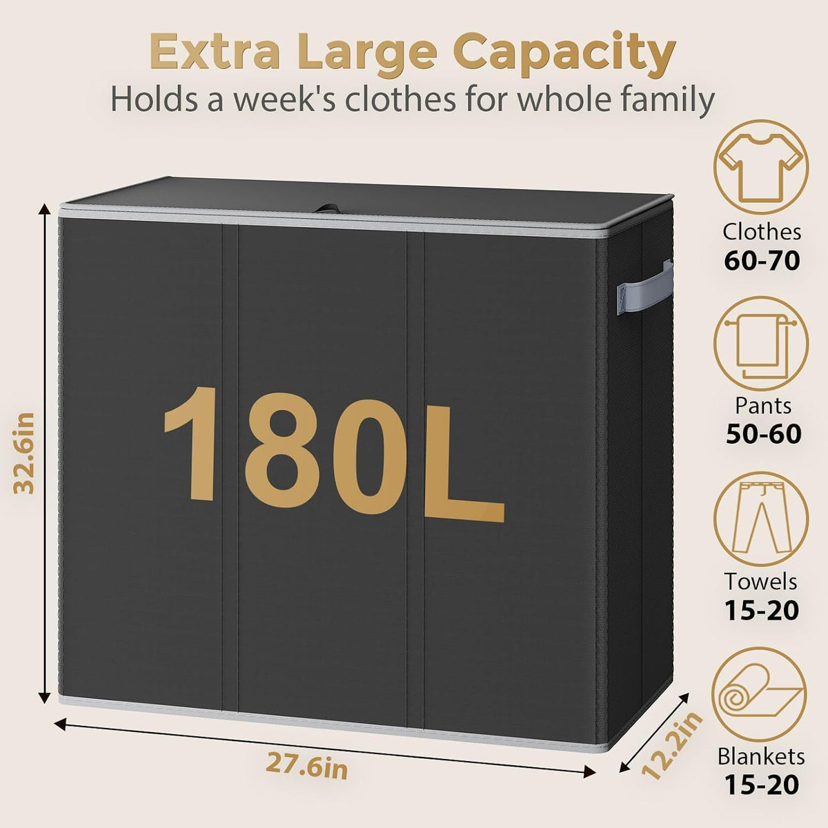 Optish 180L Laundry Hamper 3 Section, Large Hamper with Mesh Bags & Lid