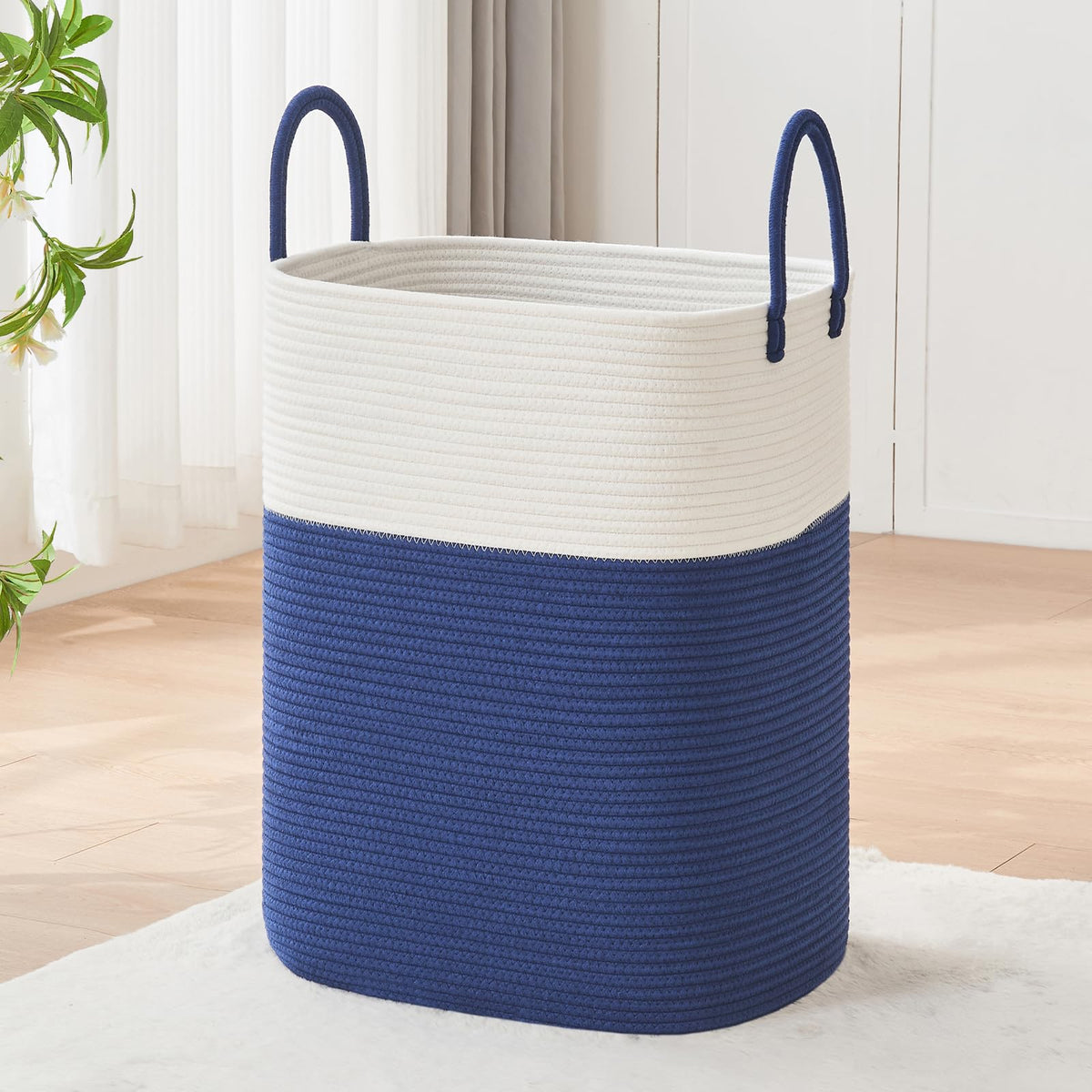 Large Laundry Hamper Basket, 85L Cotton Rope Woven Storage Bin for Blankets, Dirty Clothes Toys, Decorative Tall Basket with Leather Handles for Living Room, Bedroom, Bathroom, Nursery, Jute