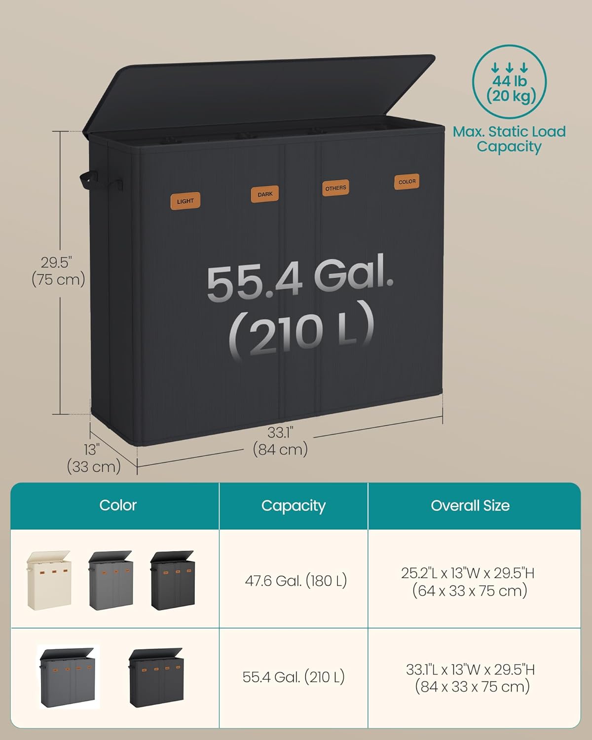 SONGMICS 210L Laundry Hamper, 4-Compartment Laundry Sorter with Lid