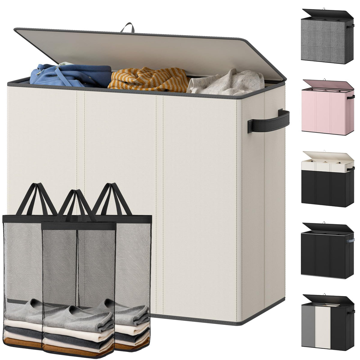 Optish 180L Laundry Hamper 3 Section, Large Hamper with Mesh Bags & Lid
