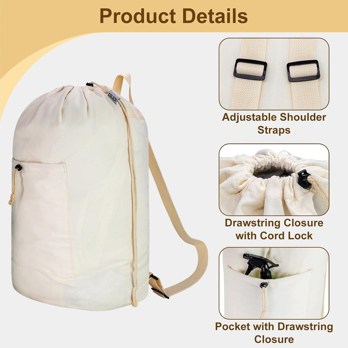Laundry Bag Backpack, Canvas Laundry Bag with Straps & Drawstring, Beige XL