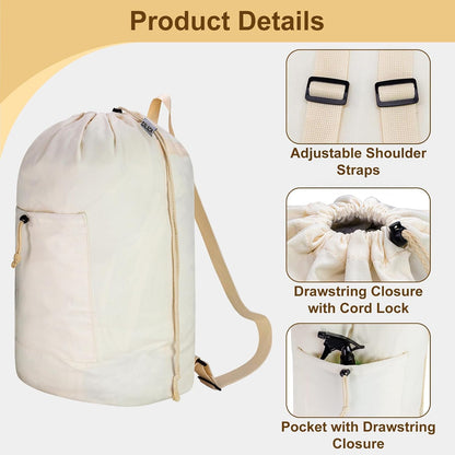 Laundry Bag Backpack, Canvas Laundry Bag with Straps & Drawstring, Beige XL