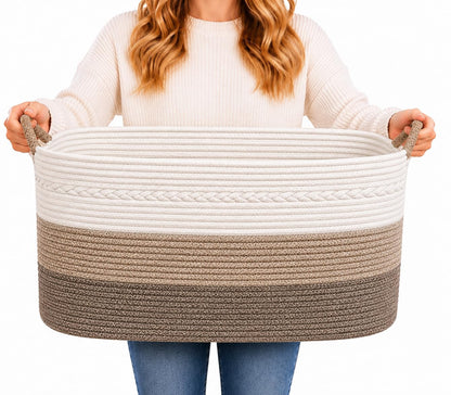 Large Laundry Hamper Basket, 85L Cotton Rope Woven Storage Bin for Blankets, Dirty Clothes Toys, Decorative Tall Basket with Leather Handles for Living Room, Bedroom, Bathroom, Nursery, Jute