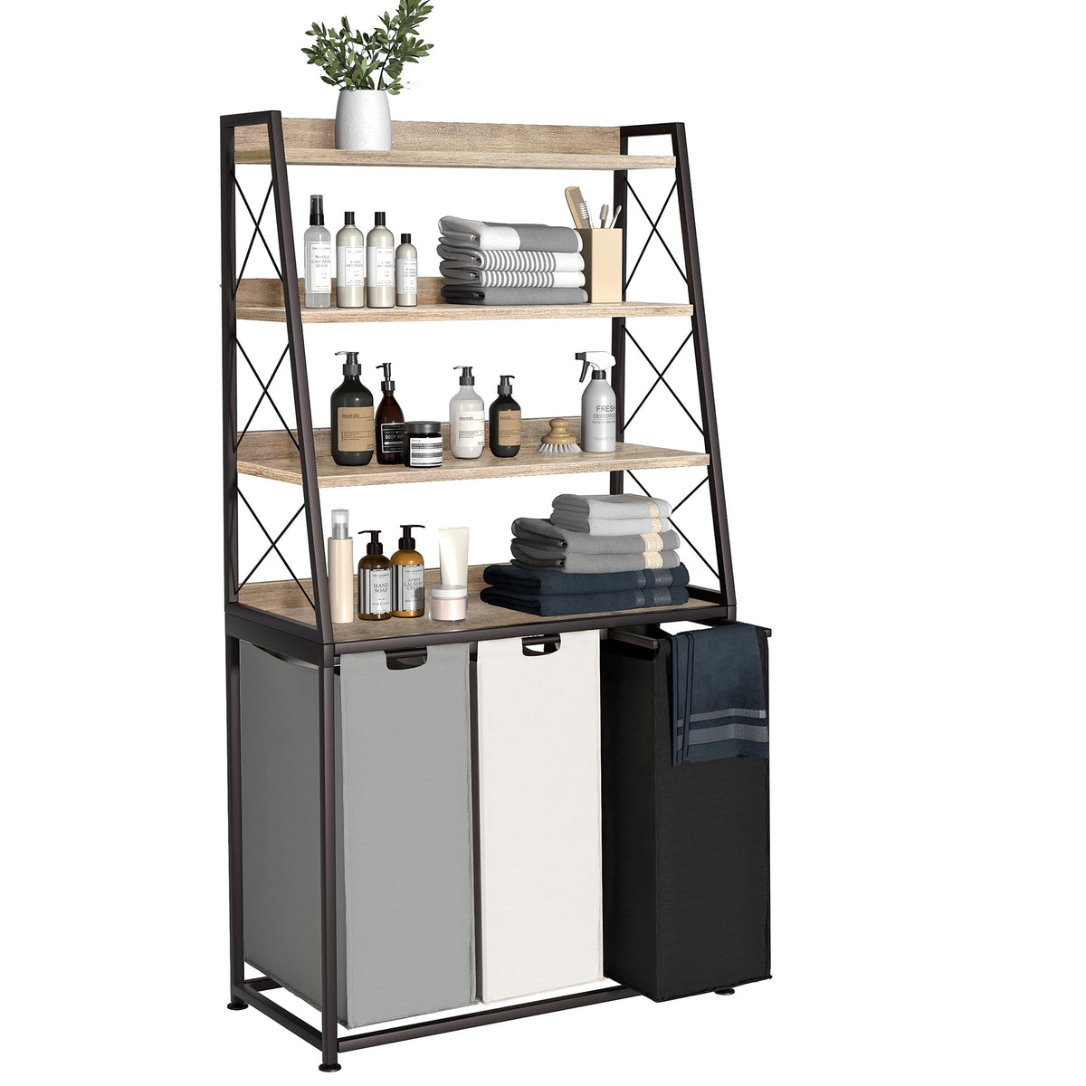 Herture Laundry Basket, 2 Section Laundry Hamper with 4 Tiers Shelf, Pull-Out and Removable Laundry Bags, Large 2 x 15.87 Gallons, for Bedroom Bathroom Rustic Brown PF11XLN