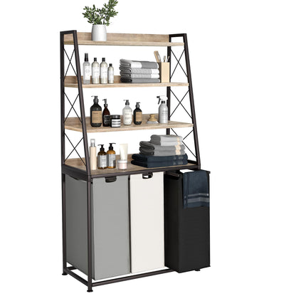 Herture Laundry Basket, 2 Section Laundry Hamper with 4 Tiers Shelf, Pull-Out and Removable Laundry Bags, Large 2 x 15.87 Gallons, for Bedroom Bathroom Rustic Brown PF11XLN