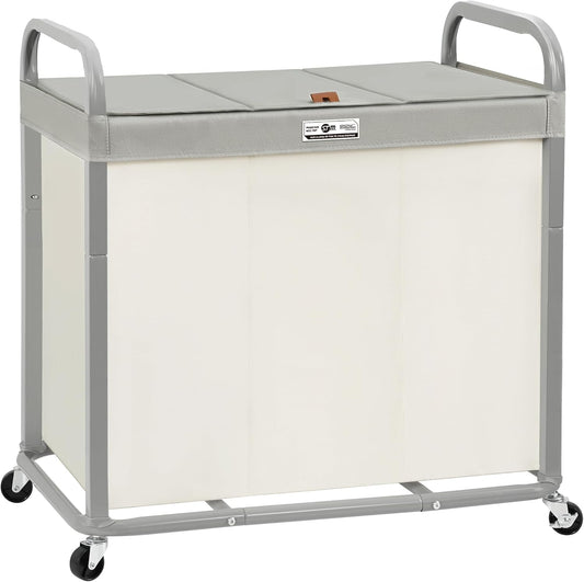 STORAGE MANIAC Laundry Hamper 3 Section with Lid Rolling Laundry Basket