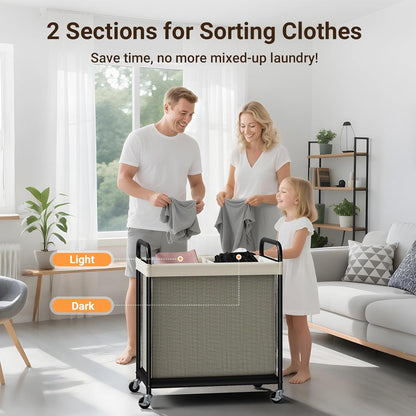 ELYKEN Laundry Hamper 2 Section, 100L Rolling Laundry Sorter with Wheels