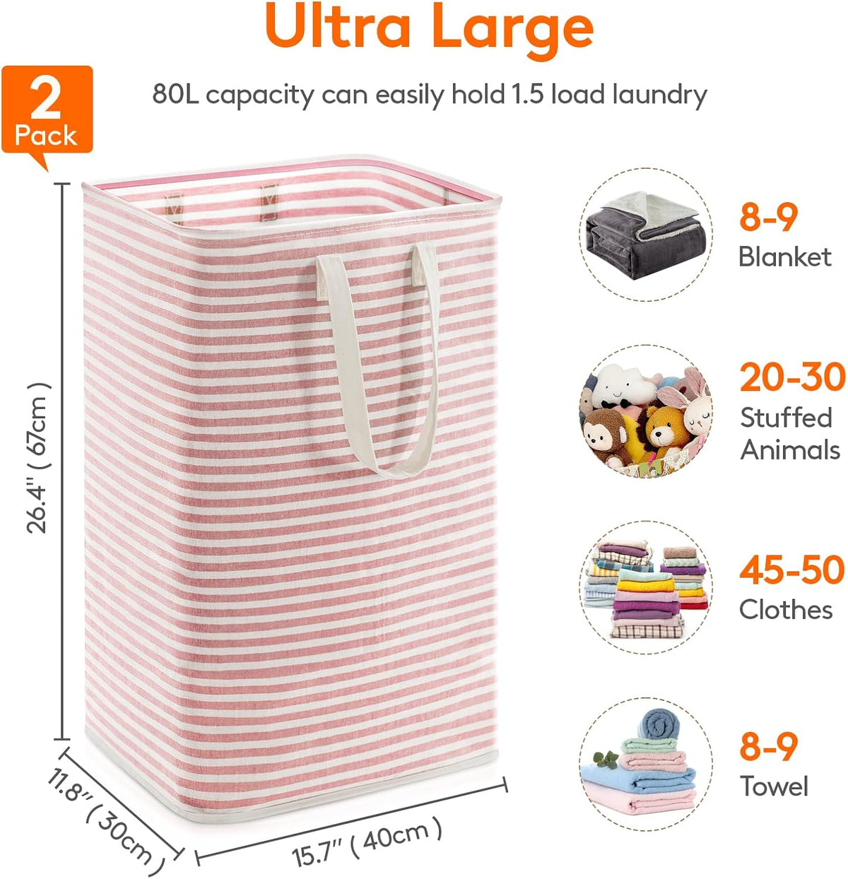 Lifewit 80L Large Laundry Baskets, Laundry Hampers Bags, 2 Pack, Grey&Pink