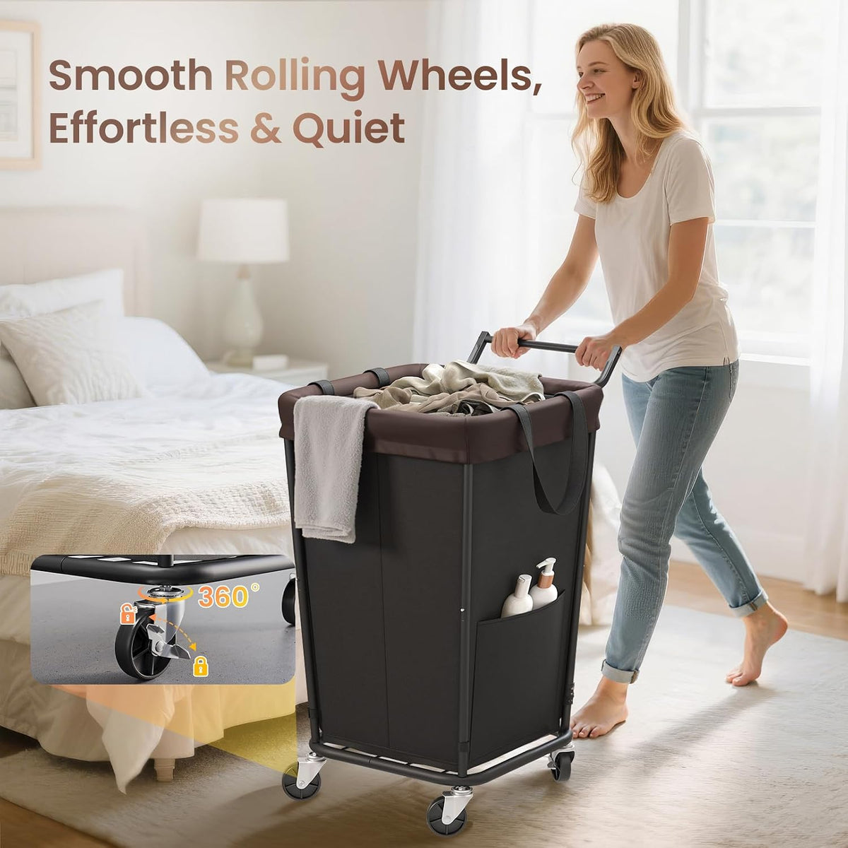 160L Laundry Hamper with Wheels and Handle, 2-Section Rolling Hamper for Laundry, Large Laundry Basket with Wheels, Rolling Laundry Basket Clothes Hamper for Home, Bathroom and Dorm(Black)