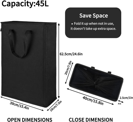 Odonata Slim Laundry Hamper Handles Collapsible Laundry Basket Thin Dirty Clothes Basket Narrow Laundry Bag Foldable Dirty Hamper 45L (Black)