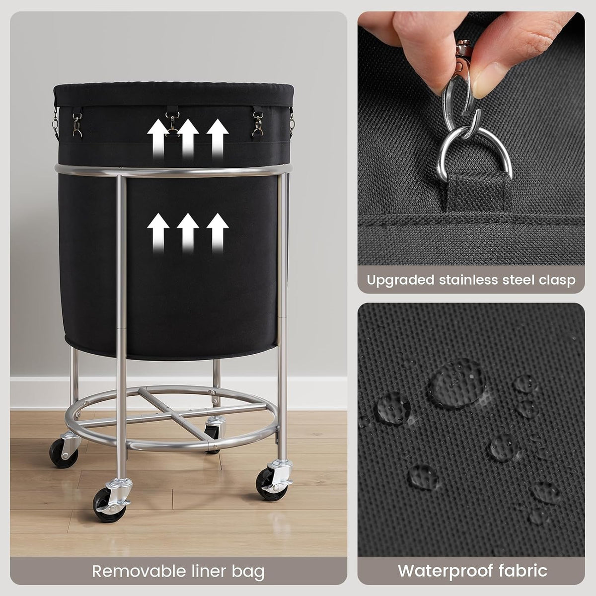 ELYKEN Laundry Basket with Wheels, Round Rolling Laundry Hamper, Black