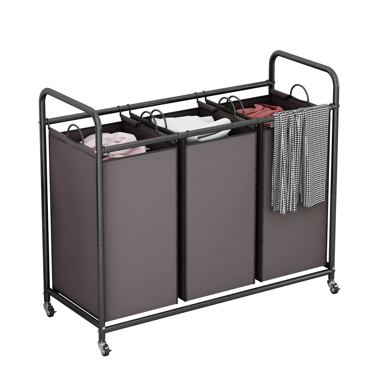 LINZINAR 3 Section Laundry Hamper Sorter, Black Laundry Basket with Wheels