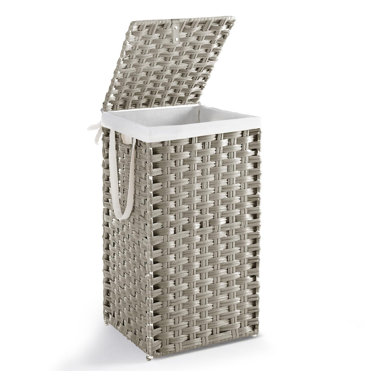 DUMOS Woven Laundry Basket with Lid, 90L Large Capacity Hamper, Removable & Machine-Washable Liner, Foldable Rattan Clothes Hamper, Sturdy Steel Frame, Odor Control, Dove Gray