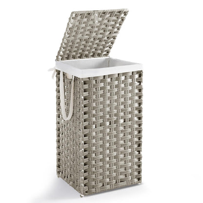 DUMOS Woven Laundry Basket with Lid, 90L Large Capacity Hamper, Removable & Machine-Washable Liner, Foldable Rattan Clothes Hamper, Sturdy Steel Frame, Odor Control, Dove Gray