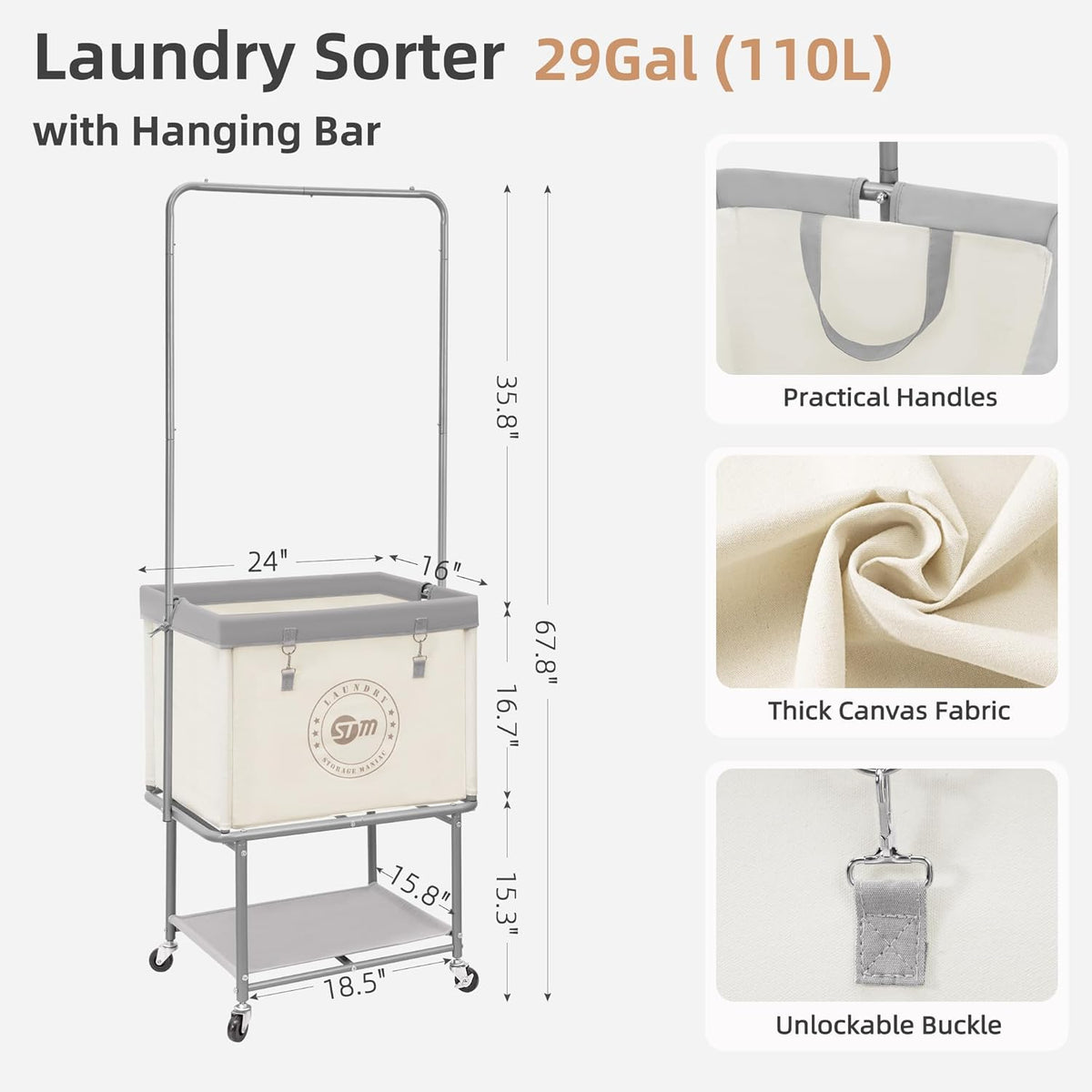 STORAGE MANIAC Rolling Laundry Cart with Hanging Bar & Storage Shelf, Beige