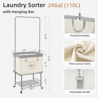 STORAGE MANIAC Rolling Laundry Cart with Hanging Bar & Storage Shelf, Beige