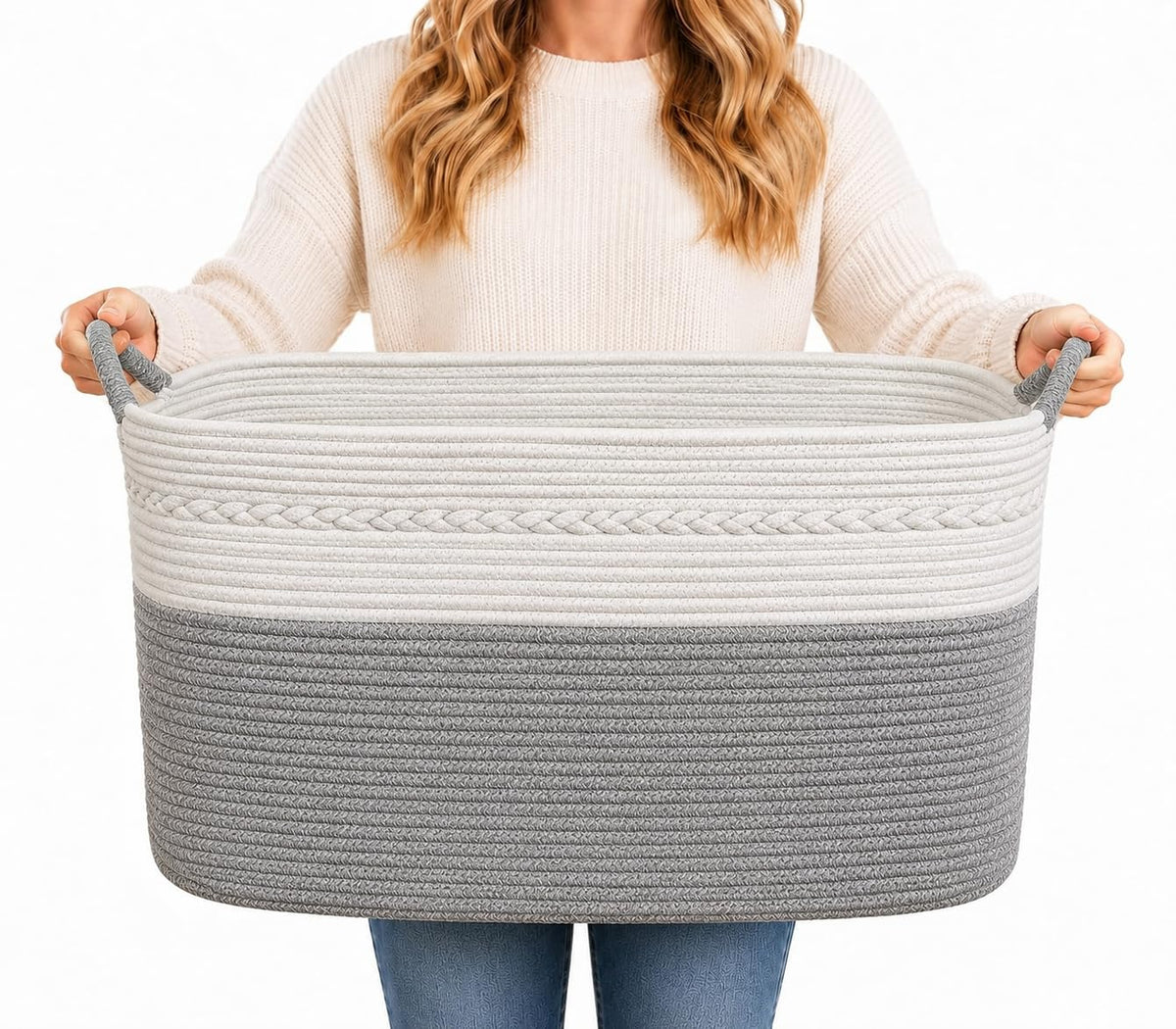 Large Laundry Hamper Basket, 85L Cotton Rope Woven Storage Bin for Blankets, Dirty Clothes Toys, Decorative Tall Basket with Leather Handles for Living Room, Bedroom, Bathroom, Nursery, Jute