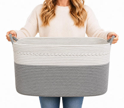 Large Laundry Hamper Basket, 85L Cotton Rope Woven Storage Bin for Blankets, Dirty Clothes Toys, Decorative Tall Basket with Leather Handles for Living Room, Bedroom, Bathroom, Nursery, Jute