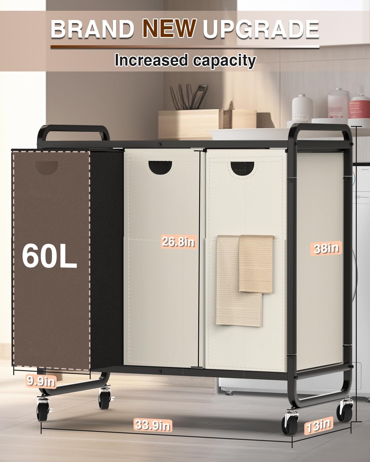 Laundry Sorter 3 Section,Laundry Basket with Wheels,3×15.8 Gal (60L)
